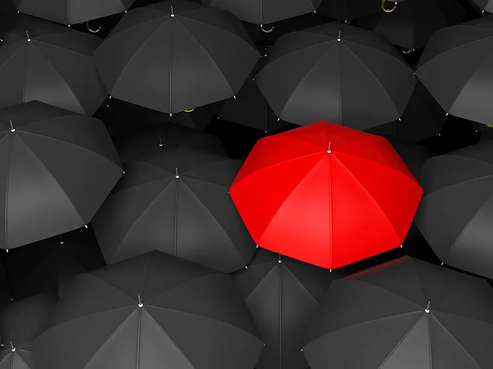 des parapluies ouvert noir et un rouge au milieu